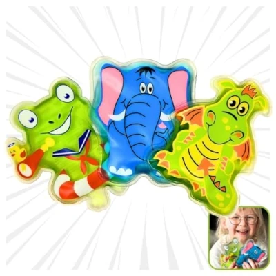Afbeelding van LisaCare koelpads voor kinderen, set van 3, koud warm kompres niet giftig, koelpacks met kikker, draak en olifanmotief gebruik