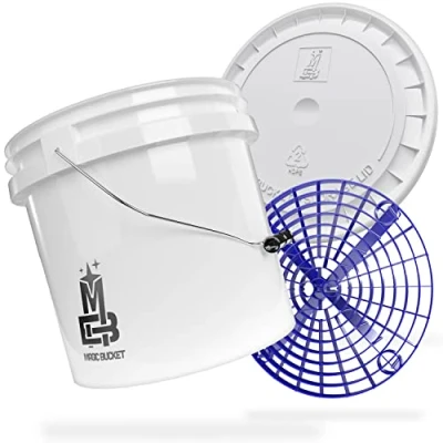 Afbeelding van Magic Bucket Autohandwasbundel, wasemmer met bijpassende emmerdeksel, ca. 13 liter, Grit Guard emmerinzetstuk vuilzeef, wasset, wit/blauw