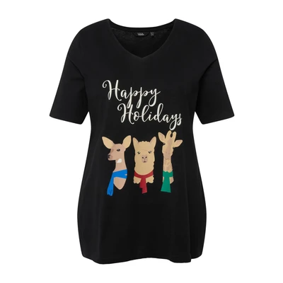 Afbeelding van Ulla Popken Happy Holidays Graphic TEE Tshirt print, Dames, Maat: 42/44, Black