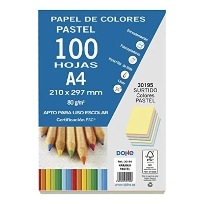 Afbeelding van Dohe Verpakking met 100 papieren, A4, 80 g, pastelkleuren, verschillende kleuren, groot (30195)