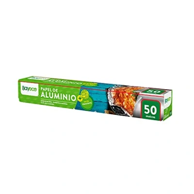 Afbeelding van Bayeco extra robuuste aluminiumfolie conservering en verpakking van levensmiddelen etui met zaagzaag scheurvast hoge vormbaarheid rol 50 m