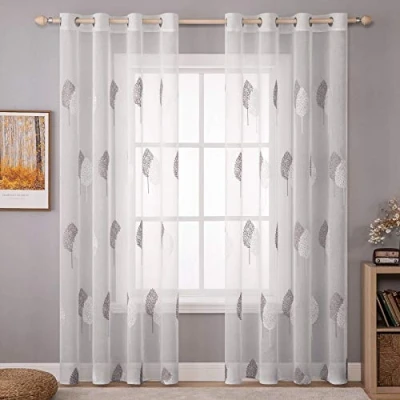 Afbeelding van MIULEE gordijnen, doorzichtig, voile, geborduurde bladeren, met ogen, 1 paar transparante voor woonkamer, slaapkamer, 225 cm x 140 (h b), set van 2 stuks