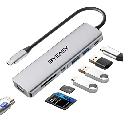 Afbeelding van BYEASY USB C hub, 7 in 1 splitter met 4K HDMI, SD/TF kaartlezer, 100 W stroomvoorziening, 2 voetkabel, ultradunne adapter, compatibel voor laptop en andere type apparaten
