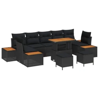 Afbeelding van vidaXL 10 delig Tuin Sofa Set met Kussens Zwart Poly Rattan