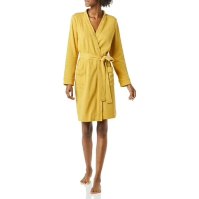 Afbeelding van Amazon Essentials Lichtgewicht gewafelde halflange badjas voor dames (verkrijgbaar in grote maten), mosterdgeel, S