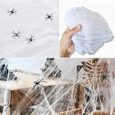 Afbeelding van Antevia Spinnenweb Halloween wit met 6 zwarte spinnen, meer dan 10 modellen, zeer rekbaar (Spiderweb)