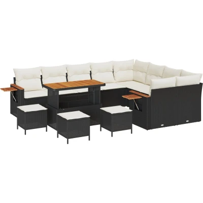Afbeelding van vidaXL 13 delige Tuinbankenset met Kussens Zwart Poly Rattan Acacia, 4 Tuin Eettafelset Acacia