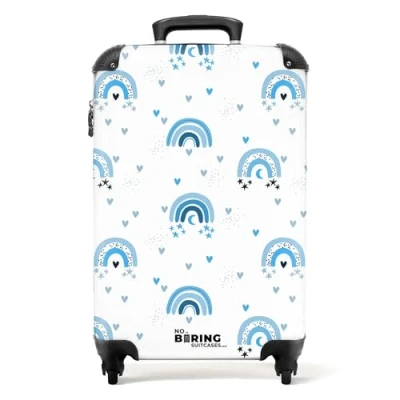 Afbeelding van NoBoringSuitcases.com® Handbagage koffer lichtgewicht Reiskoffer trolley Blauw regenboogpatroon met hartjes Rolkoffer wieltjes Past binnen 55x40x20 en 55x35x25