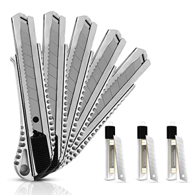 Afbeelding van SANAWATEC 5 stuks professionele aluminium cuttermessen 18 mm tapijtmes gegoten cutter mes inclusief extra 30 afbreekmessen multifunctioneel