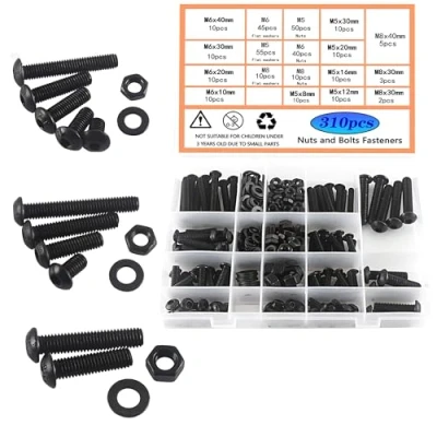 Afbeelding van HVDHYY M5 M6 M8 schroeven en moeren set koolstofstaal zwart machineschroeven sluitringen assortiment kit ronde kop met opbergdoos 310 stuks