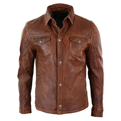 Afbeelding van Fashion_First Heren Biker Keanu Reeves J.Wick 4 klassieke bruine lamsvacht lederen jas truckerstijl, Bruin, XXL