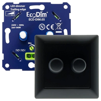 Afbeelding van Gira duo led dimmer, ECO DIM.05, druk/draai, kleine inbouwdiepte, 2x 100W LED, inclusief zwart afdekmateriaal passend in E2 serie