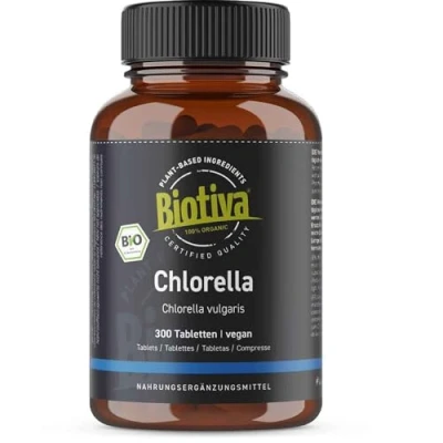 Afbeelding van Biotiva Chlorella tabletten Bio hoge dosering (300 stuks) 500mg 100% zuiver Veganistische algentabletten ZONDER magnesiumstearaat Gevuld en gecontroleerd in Duitsland (DE ÖKO 005)