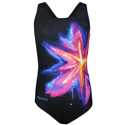 Afbeelding van Aquarti Meisjes Badpak Chloorbestendig Muscleback Watersport, Kleurrijke vlek/Roze/Blauw/Zwart, 140
