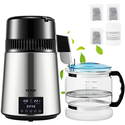 Afbeelding van VEVOR Water Distilleerder 1.5 L/uur 4L Destilleerketel Roestvrij Staal 1750W Destilleerapparaat met Dubbele Temperatuurweergave Reinigingspoeder voor Glazen Karaf 3 Carbon Packs
