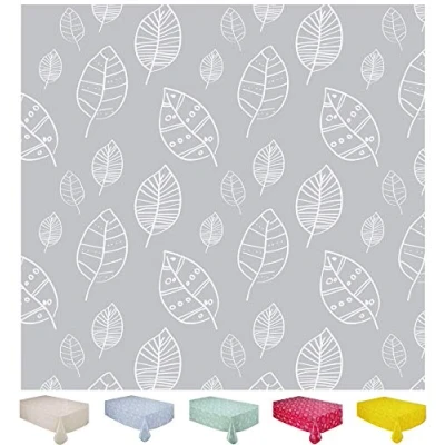 Afbeelding van Home Direct Tafelkleed van pvc, rechthoekig, 140 x 180 cm, bladeren, lichtgrijs