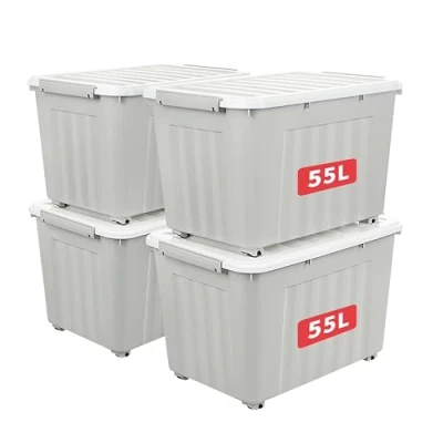 Afbeelding van Cetomo 55L x 4 opbergdozen met wielen, plastic opbergdoos deksel, vergrendelende gespen, kliksluiting, stapelbaar, nesten, duurzame organizer voor thuiskantoorkleding, grijs, Pack