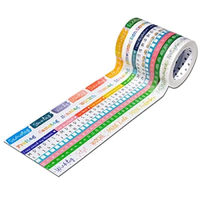 Afbeelding van Papierdrachen 9 Washi tapes voor je bullet journal, handbelettering, weekdagen eenvoudig opplakken, to do doe het zelf, weekplanning, taken, ideaal beginners en professionals, aquarel, set 6
