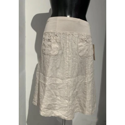 Afbeelding van Korte linnen rok BEIGE kleur met zakken, elastische talie band 100% linnen, Maat 40/42