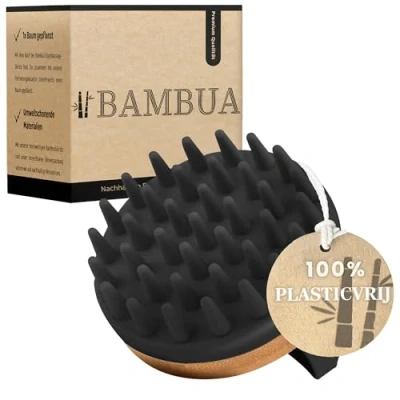 Afbeelding van BAMBUA hoofdmassage borstel (anti roos effect) voor tijdens het douchen Premium Scalp Massager incl. e book &quot;Gezonde hoofdhuid&quot; (zwart)