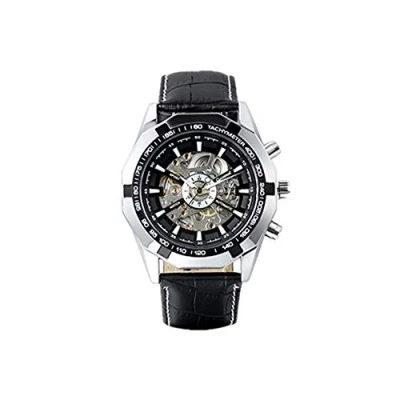 Afbeelding van JewelryWe Polshorloge voor heren skelet herenhorloge van roestvrij staal, zwarte lunette, automatisch, mechanisch, Leren band., Kerstdag, Verjaardag