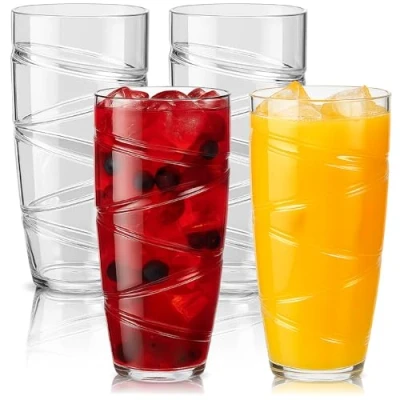Afbeelding van ﻿﻿HEFTMAN Set van 4 plastic bekers 550 ml acryl bekerglazen met wervelend ontwerp herbruikbare glazen voor tuin, picknicks, kamperen, barbecues, feesten stuks (Transparant)