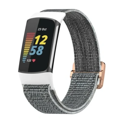 Afbeelding van Fitbit Charge 5 &amp; 6 Elastisch nylon bandje Wit / grijs