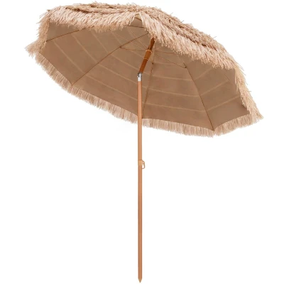 Afbeelding van COSTWAY Parasol Hawaii, strandscherm, stro, UPF 50+, 30 knikbaar, tuinscherm, stroparasol, marktparasol, terrasparasol voor tuin, balkon, strand