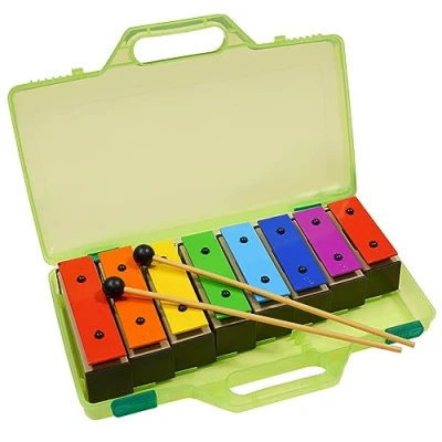 Afbeelding van A Star Kleurrijke Chime Bar Set van 8 Sopraan Rainbow Diatonic Glockenspiel Xylofoon in groene harde koffer met twee kloppers C6 tot C7