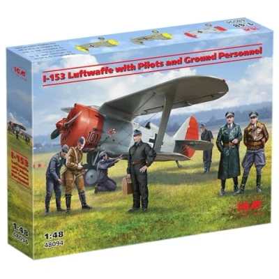 Afbeelding van 1:35 ICM 48094 Polikarpov I 153 Propeller Vliegtuig met Luftwaffe piloten en Grondpersoneel Plastic Modelbouwpakket