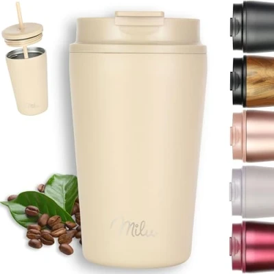 Afbeelding van Milu Thermo Koffiemok 300 ml, 400 500 reisbeker, BPA vrij, liter met isolatie, roestvrij staal en lekvrij voor koffie thee (crème, ml)