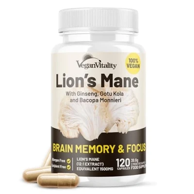 Afbeelding van Lions Mane Mushroom Supplement Capsule Complex Cafeïnevrij Supplement, Leeuwenmanen Extract 120 veganistische capsules van Bacopa Monnieri, Gotu Kola, Ginseng