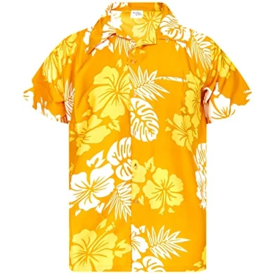 Afbeelding van King Kameha Casual_Border_Print_Shirts voor heren, Mono hibiscus design geel wit, XL