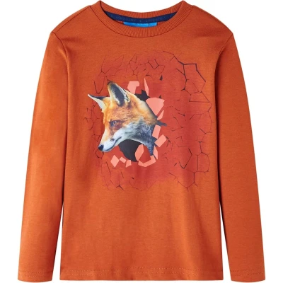 Afbeelding van Kindershirt met lange mouwen vossenprint 104 lichtroestkleurig