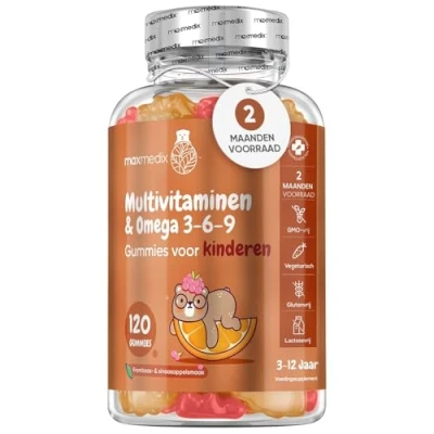 Afbeelding van maxmedix Multivitamine gummies voor kinderen 17 belangrijke vitamines, mineralen en omega&#039;s 120 2 maanden Natuurlijke framboos sinaasappelsmaak