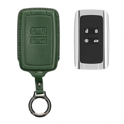 Afbeelding van kwmobile leren autosleutel hoesje geschikt voor Renault 4 knops Smartkey (alleen Keyless Go) Als sleutelhanger met sleutelring Echt leer in donkergroen