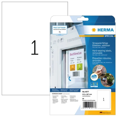 Afbeelding van Etiket HERMA 4577 210x297mm folie wit 20stuks