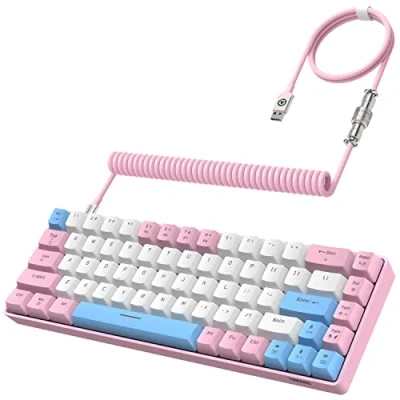 Afbeelding van YINDIAO T8 60% Gamingtoetsenbord,68 Toetsen,US Layout,Compact Bedraad Mechanisch Toetsenbord met 18 Chroma RGB Backlight,Blauwe Schakelaar,USB C opgerolde Toetsenbordkabel,voor PC,PS4 Roze