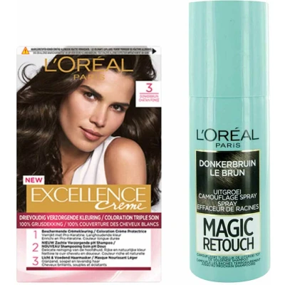 Afbeelding van L&#039;Oréal Excellence Crèmekleuring 3 Donkerbruin 1x &amp; Magic Retouch Uitgroeispray Bruin 75 ml Pakket