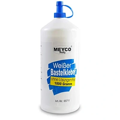 Afbeelding van Meyco witte knutsellijm, 1000 g, droogt transparant, zonder oplosmiddel, voor textiel, hout, vilt, papier, universele lijm met doseerpunt