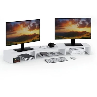 Afbeelding van ComfortCove Dual Monitorstandaard Verhoger, Monitorstandaard, Bureaulegger, Laptopstandaard, Computerstandaard, 3 planken Verstelbare lengte, ideaal voor je Thuiskantoor, Wit