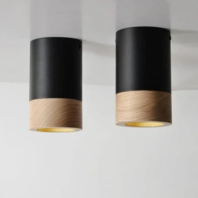 Afbeelding van ouglres Moderne zwarte plafondlamp, industriële plafondspot, 2 vlammen van metaal en hout, Gu10, retro design plafondlamp voor woonkamer, slaapkamer, hal, keuken, eenvoudige montage