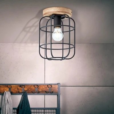Afbeelding van Lightbox rustikale Deckenlampe Deckenleuchte 27 cm Höhe Ø 20 E27 Fassung max. 40 W aus Metall/Holz ist Schwarz Pappel in Antik Braun/Schwarz Korund