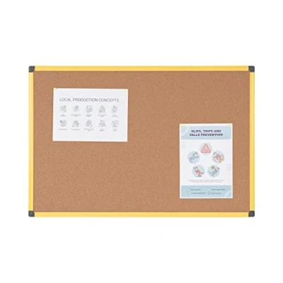 Afbeelding van Bi Office Ultrabrite Kurkboard, Prikbord Met Gele Aluminium Omlijsting Voor Extra Hoge Zichtbaarheid, 90 x 60 cm