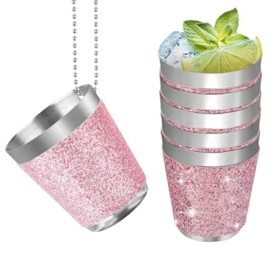 Afbeelding van Ruikdly 6 stuks borrelbekers van metaal om te hangen, 30 ml borrelglazen roze roestvrij staal met ketting, voor bruiloftsfeesten, vrijgezellenfeesten, carnaval,