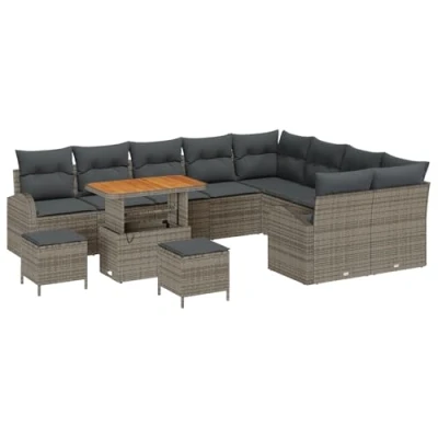 Afbeelding van vidaXL 12 delige Tuin Sofa Set met Kussens Grijs Poly Rattan Acacia, 2 Zits Opslag &amp; Rattan, 3 Eetset Acacia