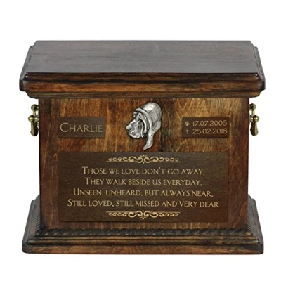 Afbeelding van Art Dog Pet Memorial Urn Handgemaakt koud gegoten bronzen portret op berkenbasis Gepersonaliseerde hondencrematiedoos 8,3x11,4x8,7 Bloedhond