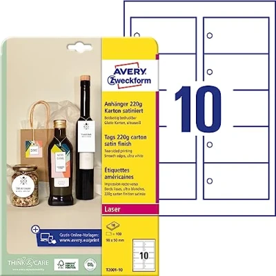 Afbeelding van Avery Zweckform T2001 10 Labels 90 x 50 mm Karton Ultra wit 100 stuk(s) Niet hechtend Laser (kleur), (zwart/wit)