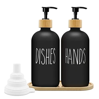 Afbeelding van Zeepdispenser Mat Zwart Set 500ml Glas met Dienblad Afwasmiddel Dispenser Shampoo voor Keuken en Douche (Zwart x 2)