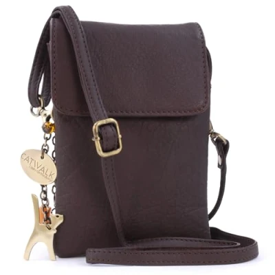 Afbeelding van CATWALK COLLECTION HANDBAGS Kleine Leren Crossbody Tas voor Dames Telefoontas Verstelbare Schouderriem BILLIE Bruin